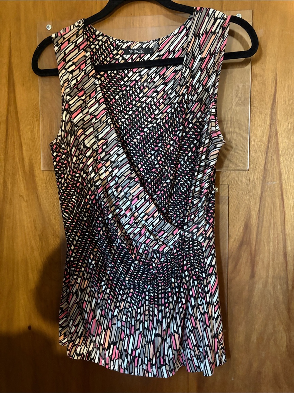NIC+ZOE Pink, Black & Cream Patterned Faux-Wrap Sleeveless Top